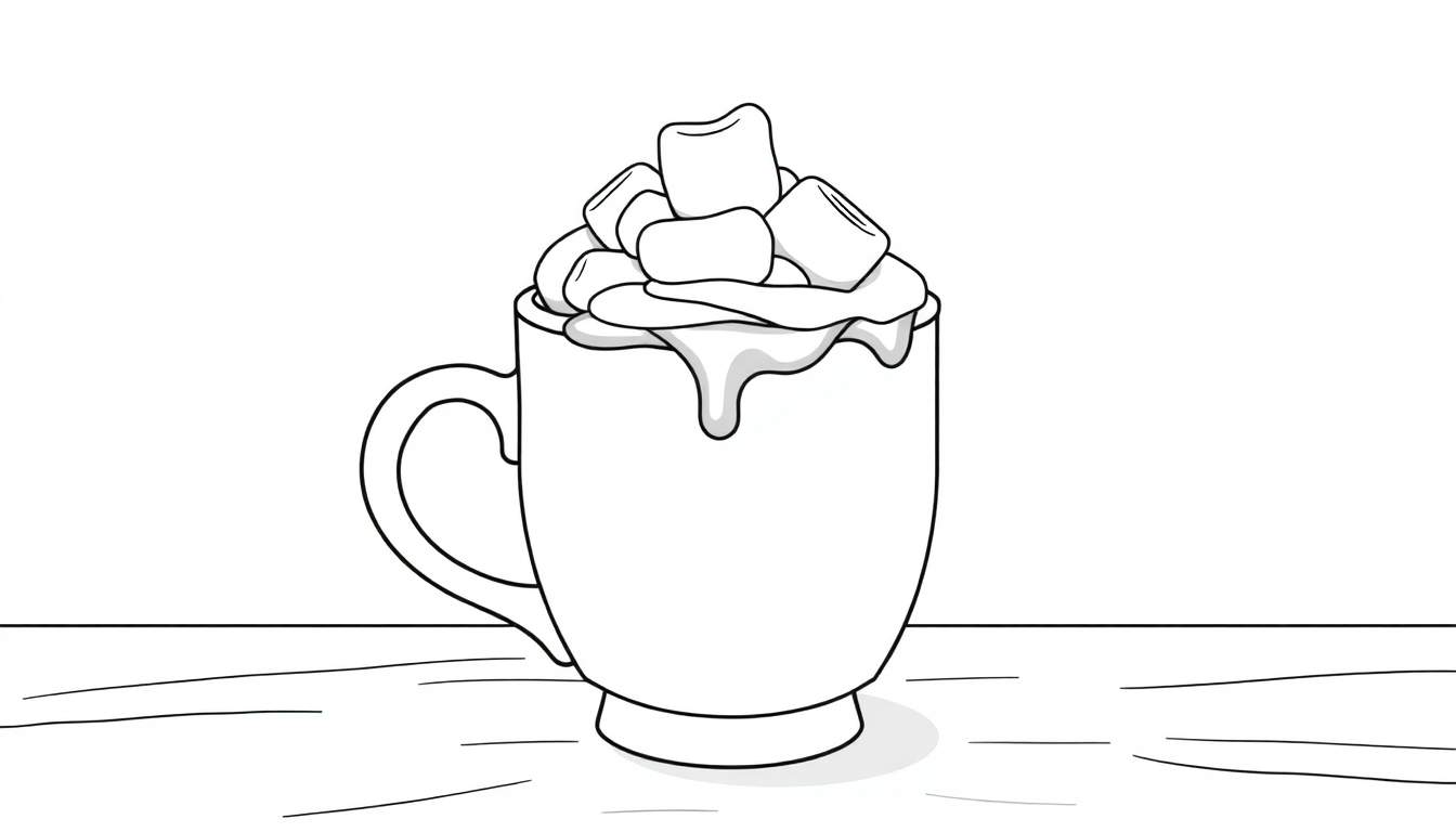 Dessin au trait d'une tasse de chocolat chaud avec de la crème fouettée et des guimauves, sans color panel.