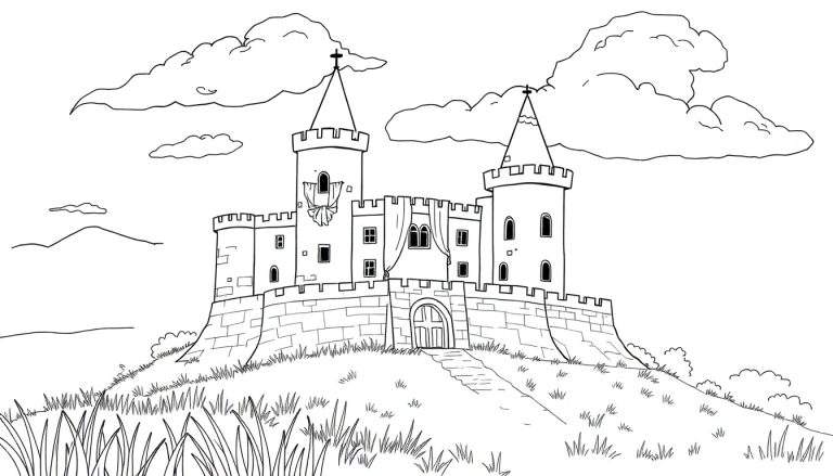 Dessin au trait complexe d'un château sur une colline avec des nuages