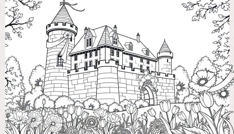 Page à colorier de château médiéval avec des fleurs et des arbres.