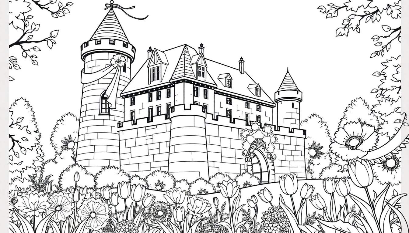 Page à colorier de château médiéval avec des fleurs et des arbres.