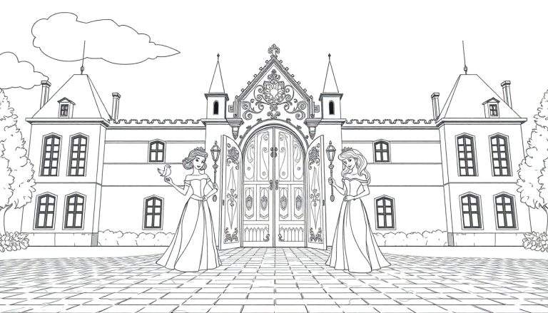 Dessin au trait d'un château avec deux princesses.