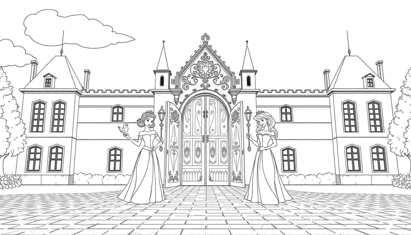 Dessin au trait d'un château avec deux princesses.