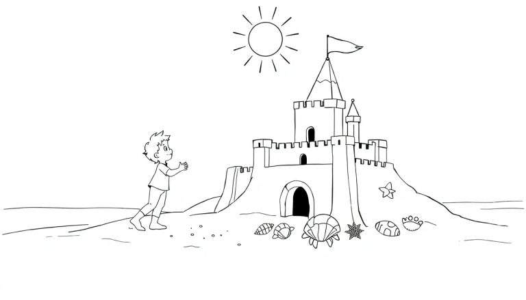 Un garçon admire un grand château de sable avec un drapeau, entouré de coquillages et d'une étoile de mer, sous un soleil rayonnant. Ce dessin au trait est parfait pour un color panel.