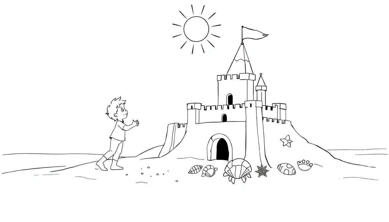 Un garçon admire un grand château de sable avec un drapeau, entouré de coquillages et d'une étoile de mer, sous un soleil rayonnant. Ce dessin au trait est parfait pour un color panel.
