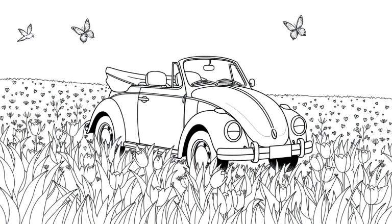 Dessin au trait d'une Coccinelle Volkswagen décapotable dans un champ de tulipes avec des papillons et un oiseau, style livre de coloriage.