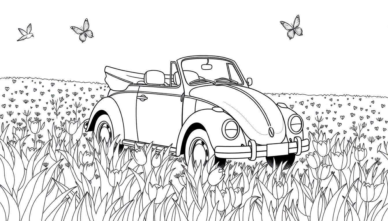 Dessin au trait d'une Coccinelle Volkswagen décapotable dans un champ de tulipes avec des papillons et un oiseau, style livre de coloriage.