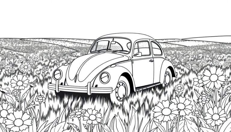 Dessin au trait d'une Coccinelle Volkswagen dans un champ de marguerites, parfait pour un color panel.