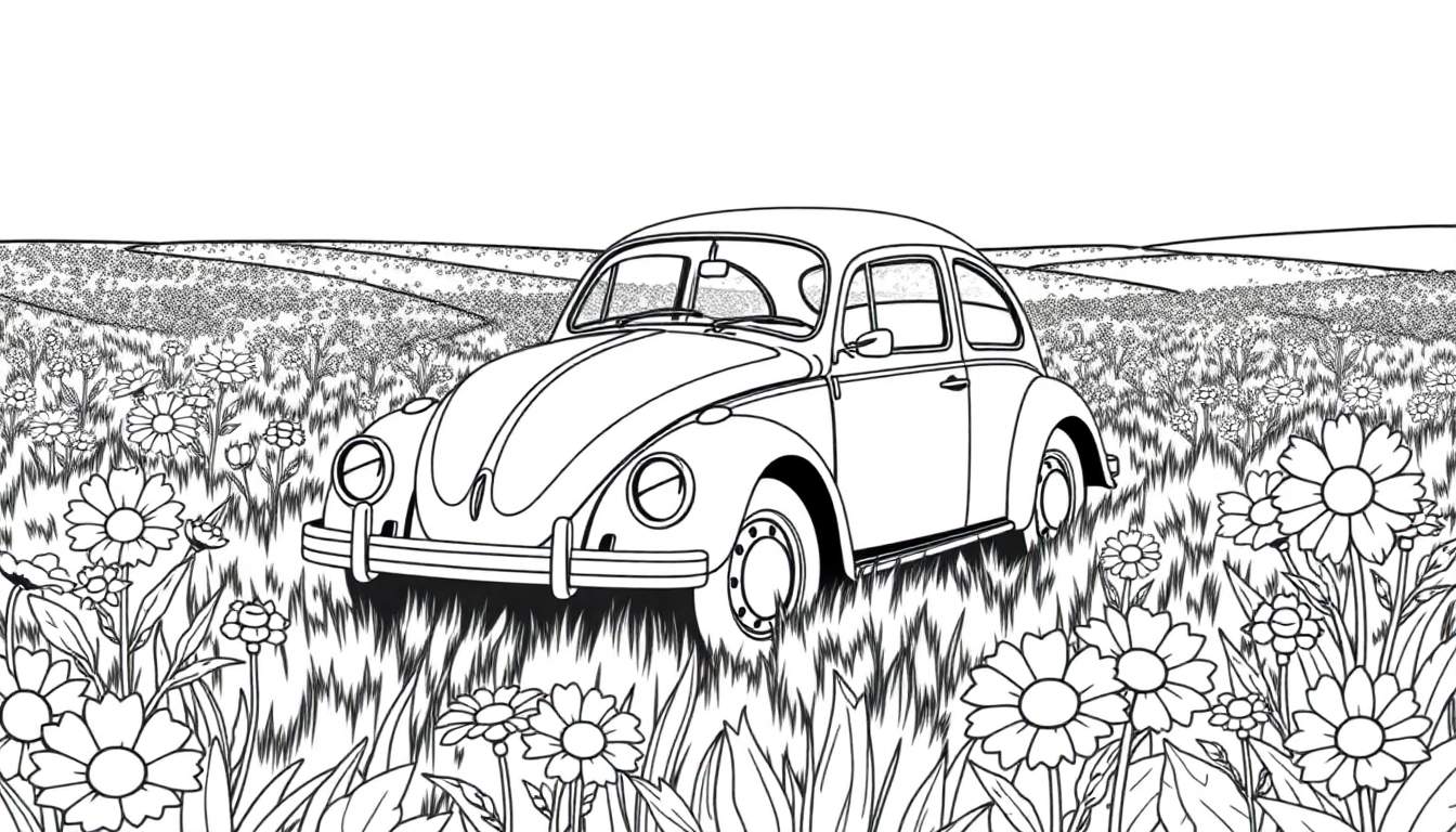 Dessin au trait d'une Coccinelle Volkswagen dans un champ de marguerites, parfait pour un color panel.