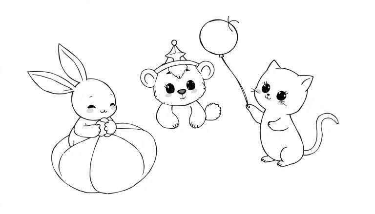 Dessin au trait d'un lapin dans une citrouille, d'un ourson avec un chapeau et d'un chaton avec un ballon, pour un color panel.