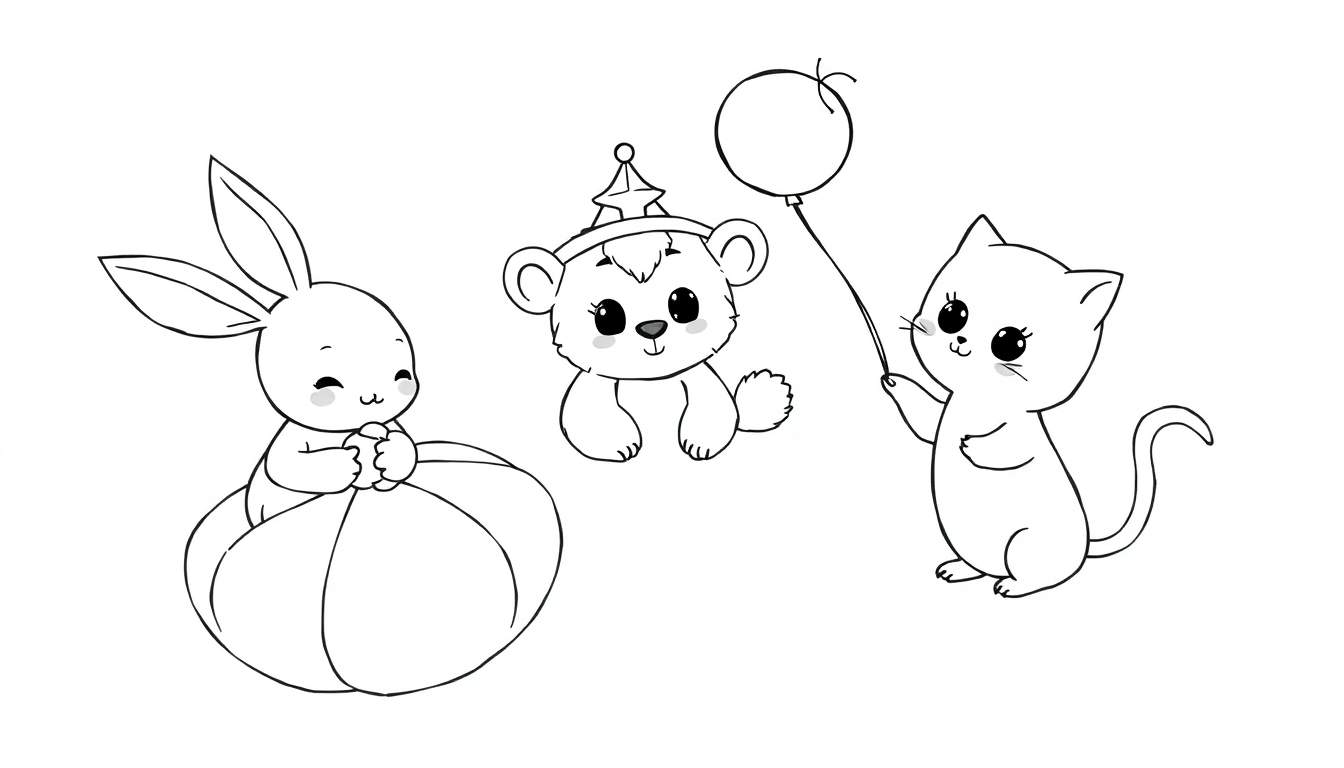 Dessin au trait d'un lapin dans une citrouille, d'un ourson avec un chapeau et d'un chaton avec un ballon, pour un color panel.