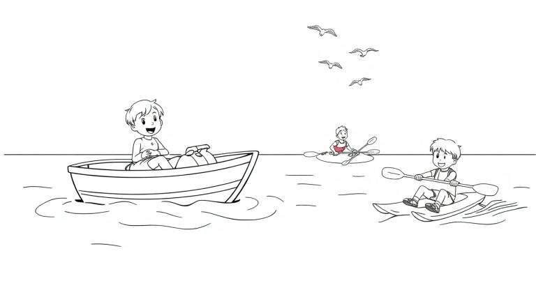 Dessin au trait en noir et blanc d'enfants s'amusant dans l'eau. Un garçon rame dans un bateau, une autre personne rame dans un petit bateau, et un garçon fait du kayak. Des mouettes volent dans le ciel.