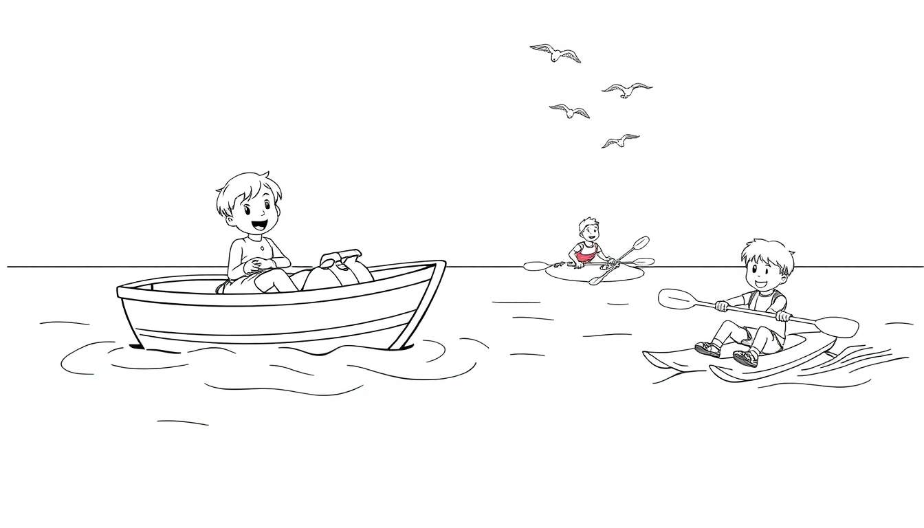 Dessin au trait en noir et blanc d'enfants s'amusant dans l'eau. Un garçon rame dans un bateau, une autre personne rame dans un petit bateau, et un garçon fait du kayak. Des mouettes volent dans le ciel.