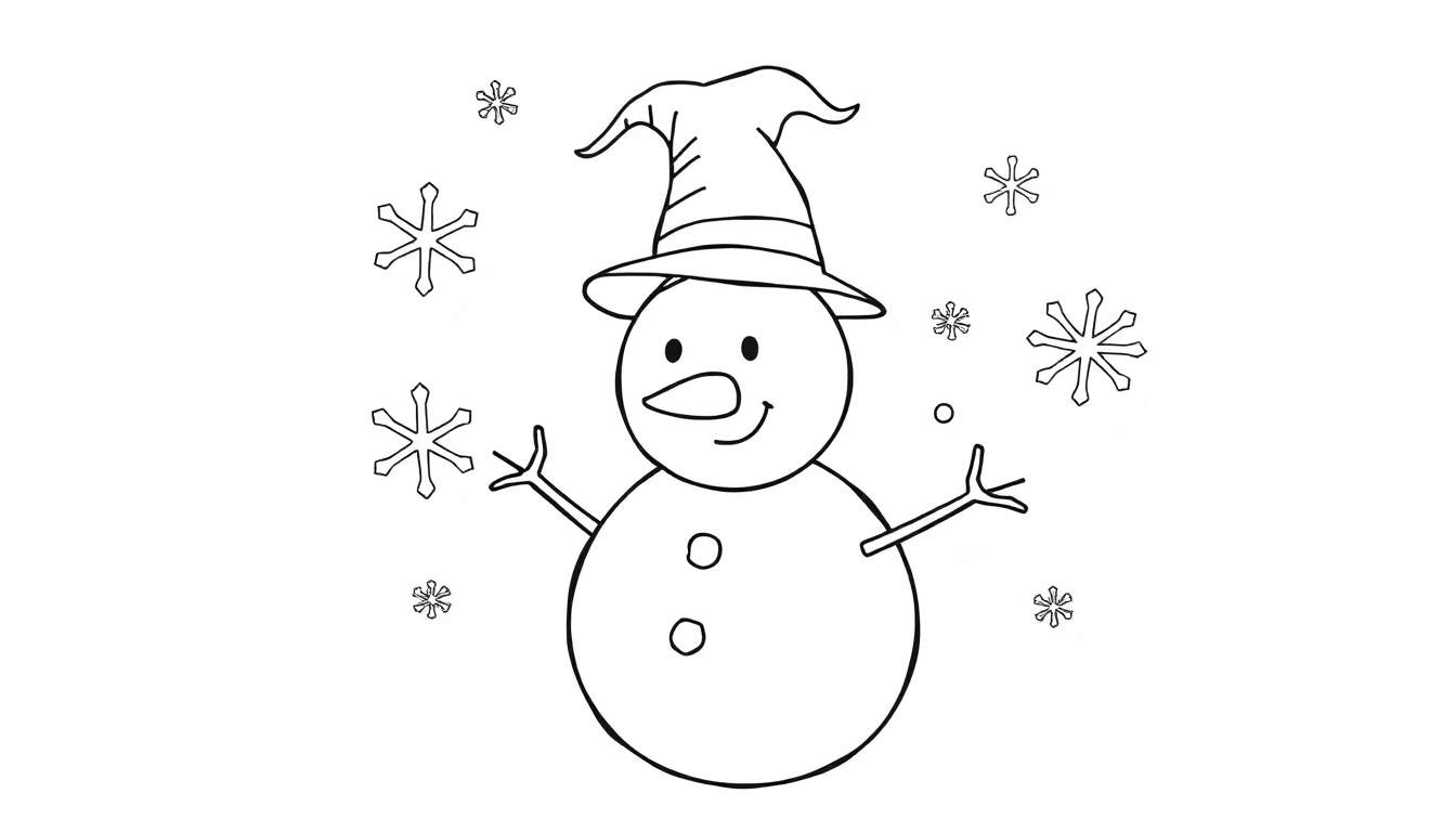 Bonhomme de neige souriant avec un chapeau pointu et un nez en carotte, entouré de flocons de neige, sur un color panel.