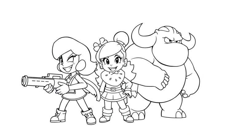 Trois personnages de Brawl Stars en dessin au trait, prêt pour un color panel.