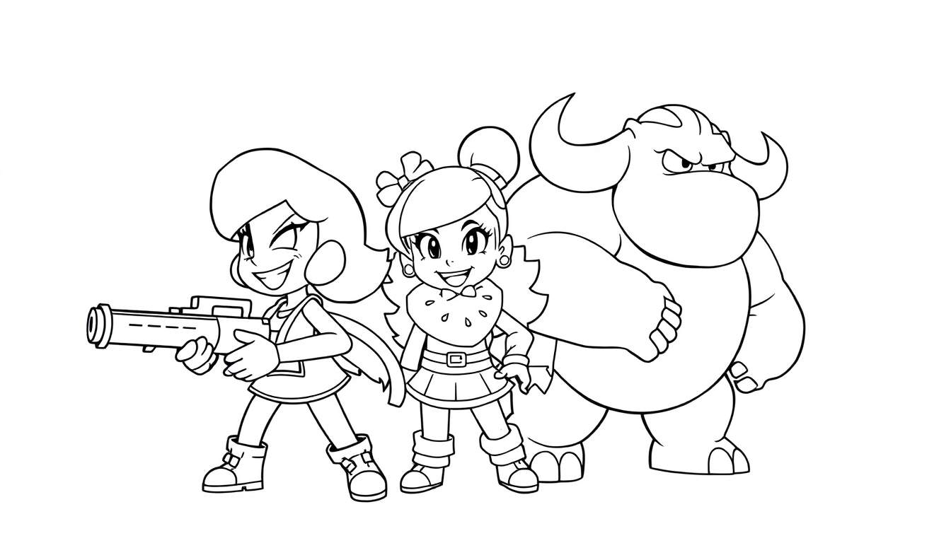 Trois personnages de Brawl Stars en dessin au trait, prêt pour un color panel.