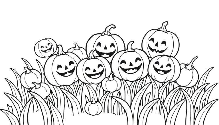 Illustration en noir et blanc d'un color panel avec plusieurs citrouilles d'Halloween souriantes entourées d'herbe.