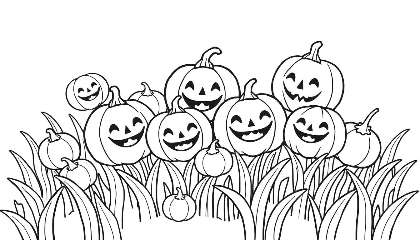 Illustration en noir et blanc d'un color panel avec plusieurs citrouilles d'Halloween souriantes entourées d'herbe.