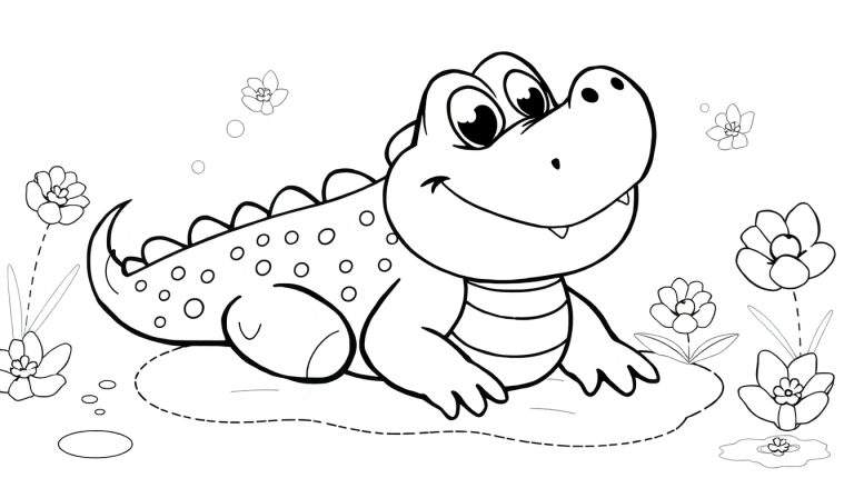 Un crocodile de dessin animé souriant dans un color panel entouré de fleurs.