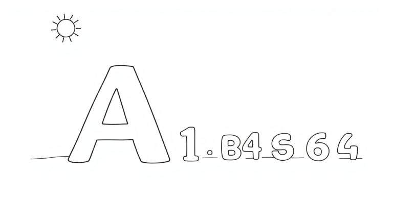 Un dessin au trait simple montrant un soleil stylisé et la lettre 'A' avec les chiffres '1.84564' sur un fond blanc, comme un color panel pour enfants.