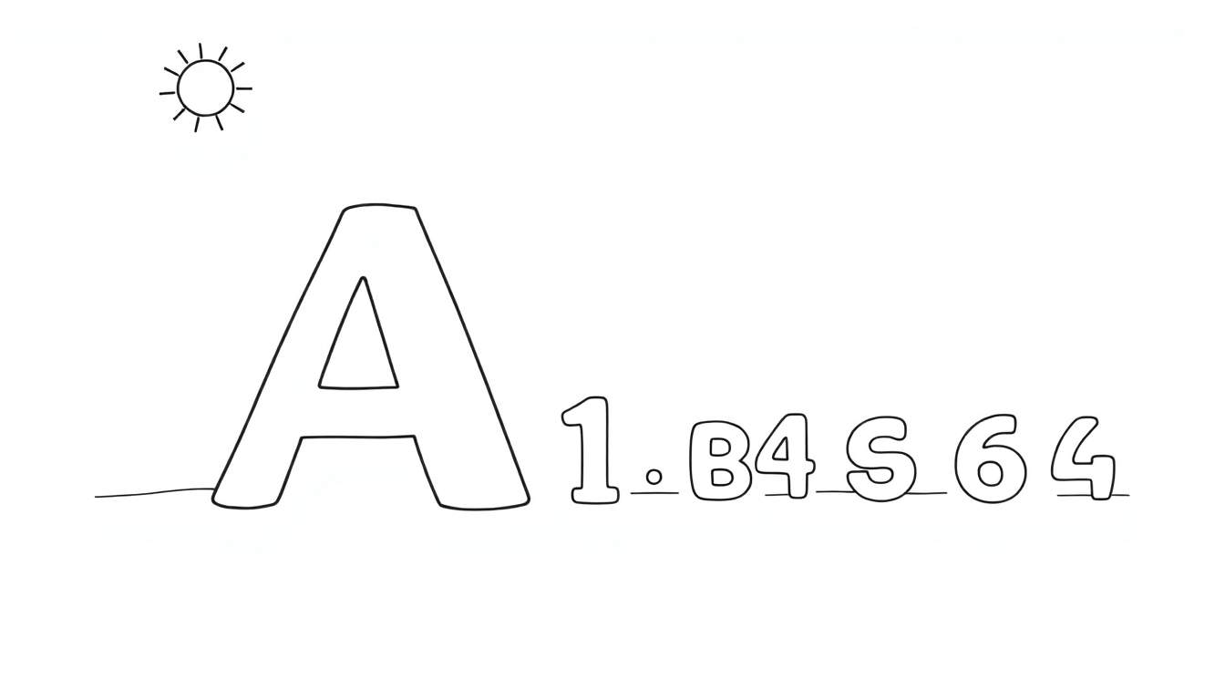 Un dessin au trait simple montrant un soleil stylisé et la lettre 'A' avec les chiffres '1.84564' sur un fond blanc, comme un color panel pour enfants.