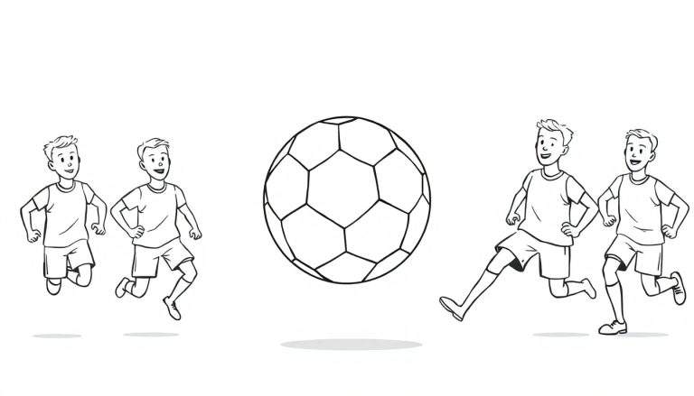 Dessin au trait de quatre garçons jouant au football dans un color panel.
