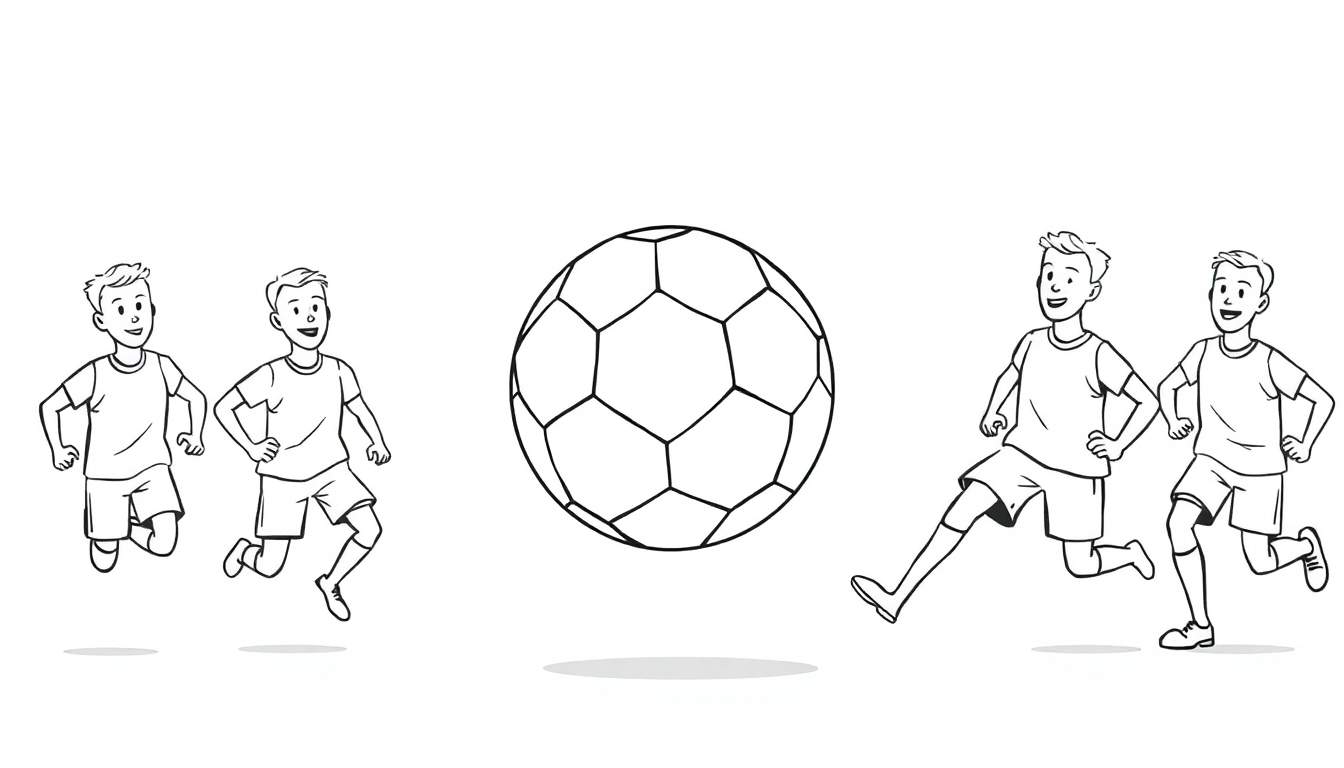 Dessin au trait de quatre garçons jouant au football dans un color panel.
