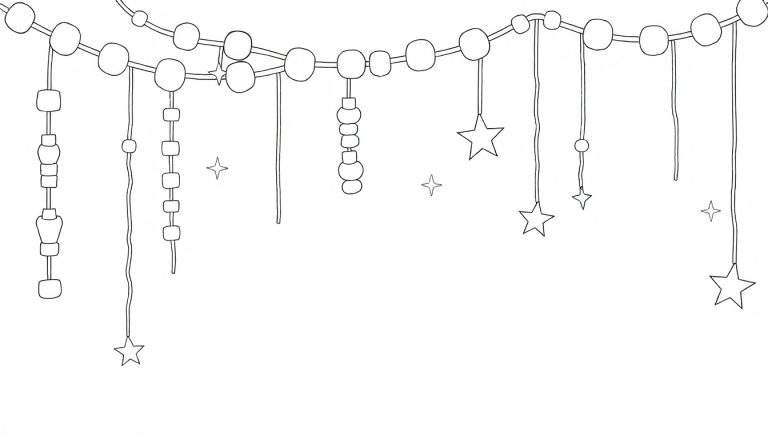 Une guirlande en noir et blanc avec des perles, des chaînes de perles et des étoiles. Le tout dessiné au trait.