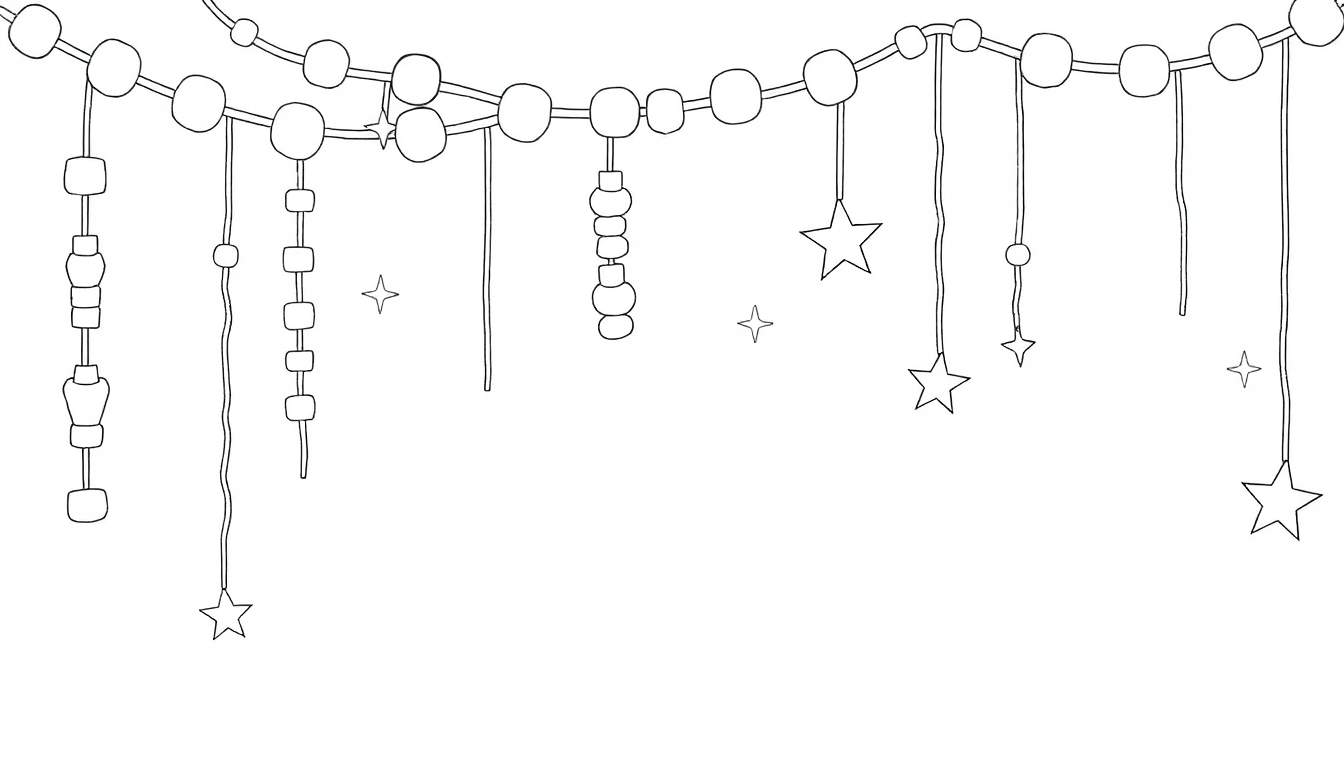 Une guirlande en noir et blanc avec des perles, des chaînes de perles et des étoiles. Le tout dessiné au trait.