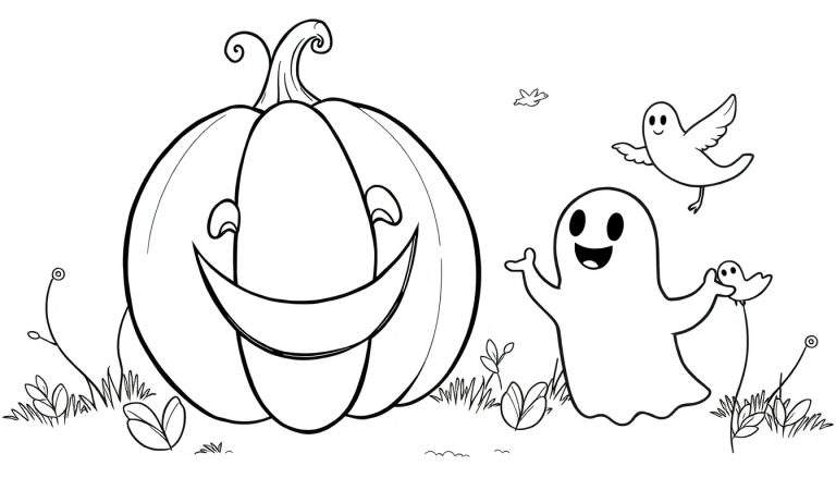 Illustration en noir et blanc d'Halloween avec une citrouille souriante, un grand fantôme tenant un petit fantôme comme un ballon, et un fantôme-oiseau dans un color panel.