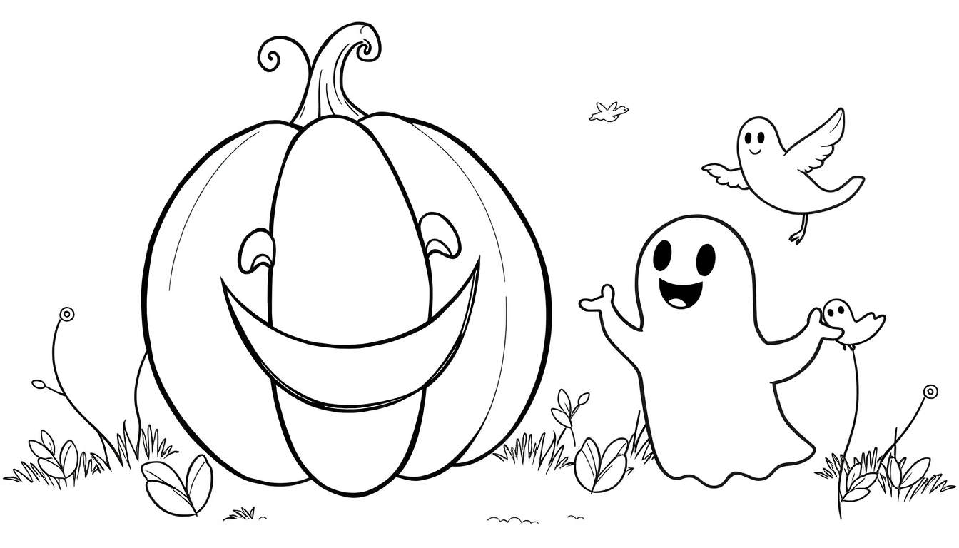 Illustration en noir et blanc d'Halloween avec une citrouille souriante, un grand fantôme tenant un petit fantôme comme un ballon, et un fantôme-oiseau dans un color panel.