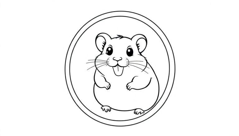 Dessin d'un hamster joyeux dans un cadre ovale, prêt à être coloré.