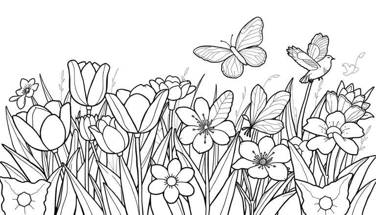 Une page de coloriage de fleurs avec un papillon et un oiseau, faisant partie d'un color panel.