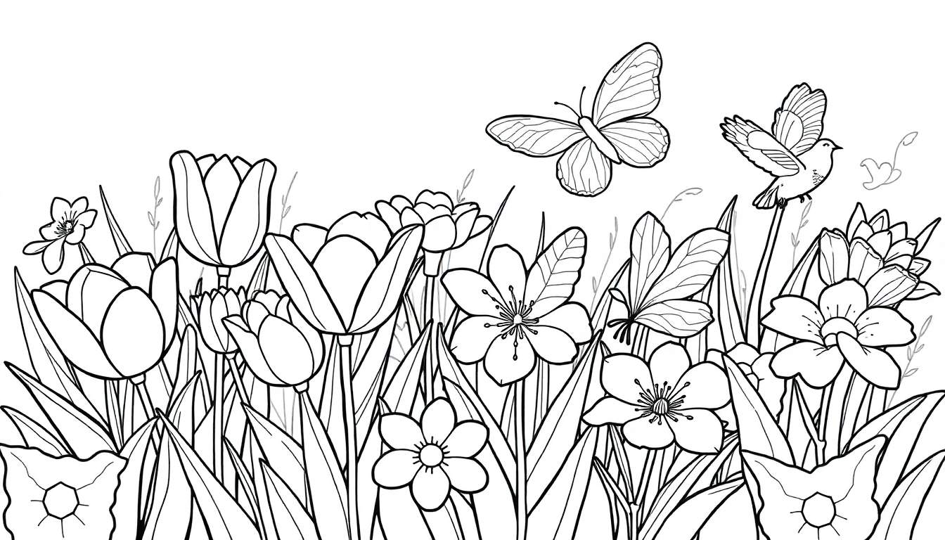 Une page de coloriage de fleurs avec un papillon et un oiseau, faisant partie d'un color panel.
