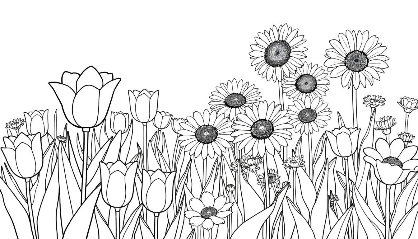 Panneau de coloriage de fleurs, tulipes, tournesols et marguerites, parfait pour un color panel.