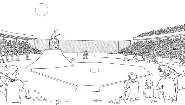 Page de coloriage de baseball avec un lanceur, un receveur et des spectateurs dans les gradins.