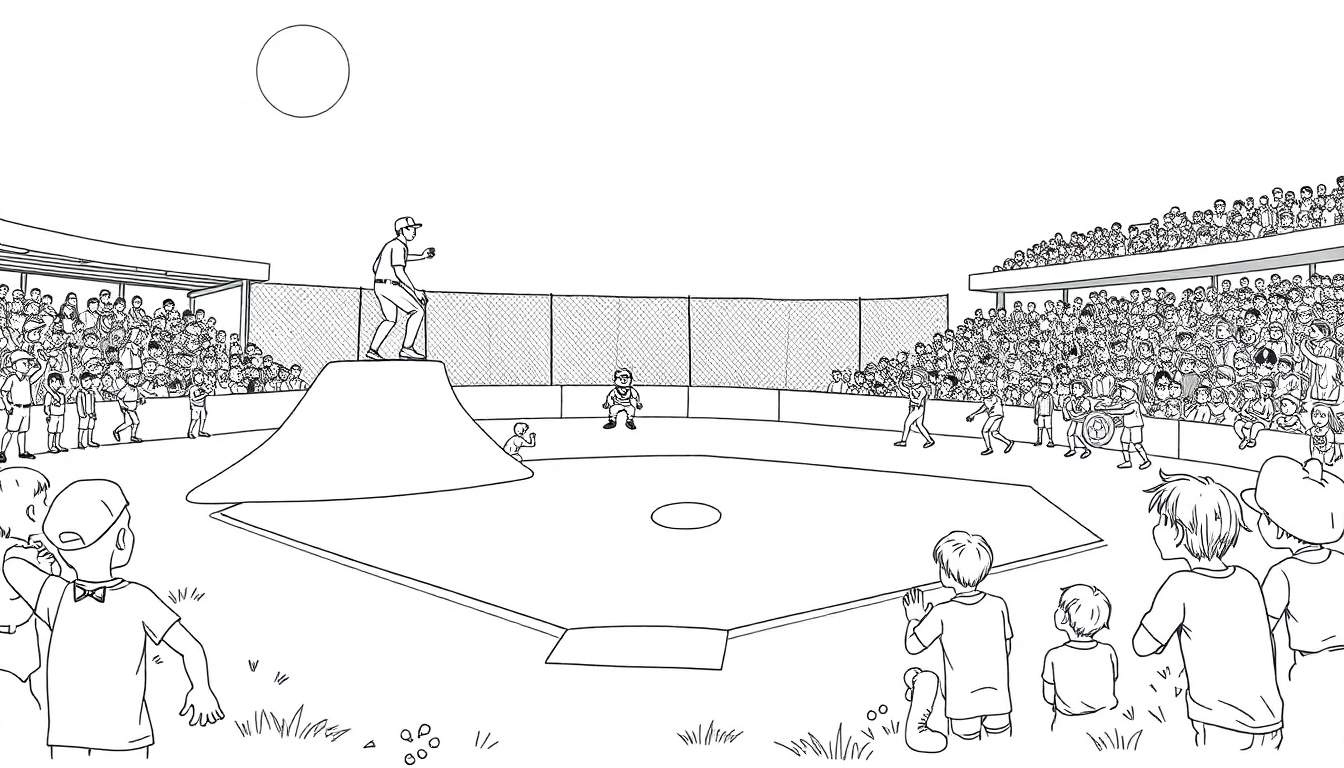 Page de coloriage de baseball avec un lanceur, un receveur et des spectateurs dans les gradins.