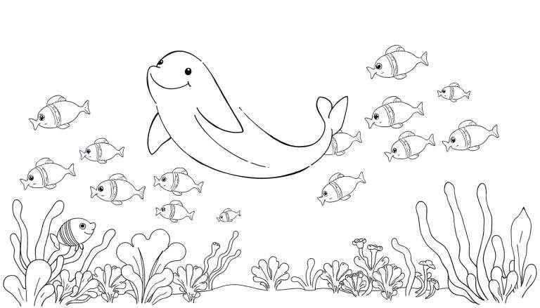 Dauphin souriant nageant avec des poissons joyeux et des plantes marines, un dessin au trait noir et blanc pour un color panel.