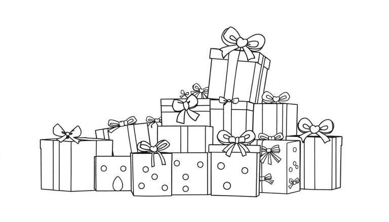 Un color panel de cadeaux dessinés en noir et blanc avec des rubans et des nœuds.