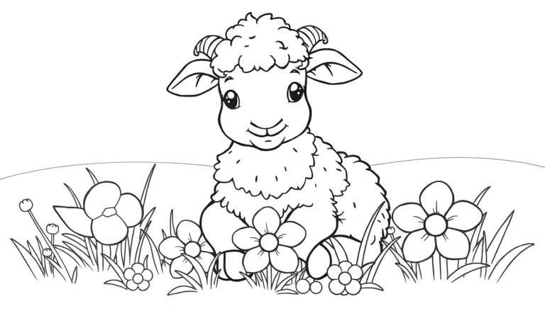 Un agneau mignon en noir et blanc assis au milieu de fleurs, dans un style dessin pour un color panel.