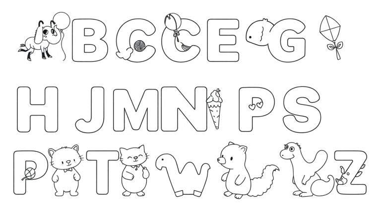 Page de coloriage alphabet avec des dessins d'animaux et d'objets.