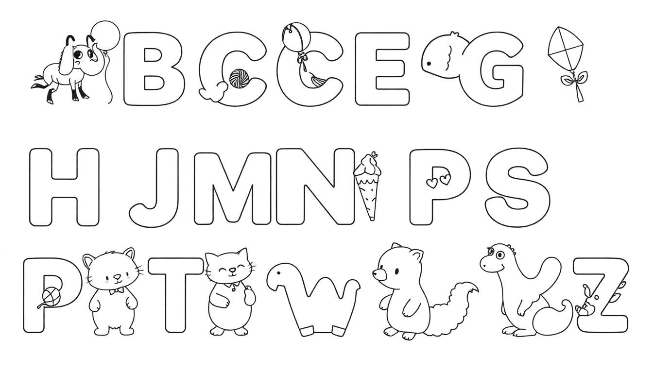 Page de coloriage alphabet avec des dessins d'animaux et d'objets.