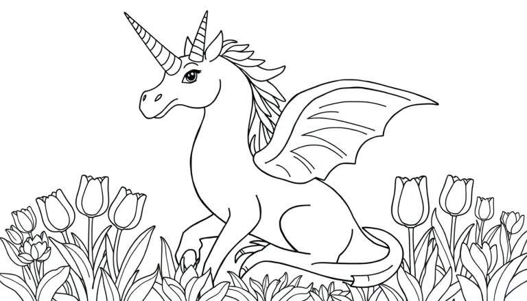 Une licorne ailée dessinée en noir et blanc, assise dans un champ de tulipes, prête à être coloriée sur ce color panel.