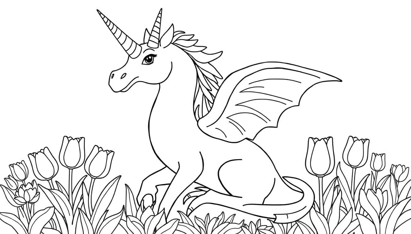 Une licorne ailée dessinée en noir et blanc, assise dans un champ de tulipes, prête à être coloriée sur ce color panel.