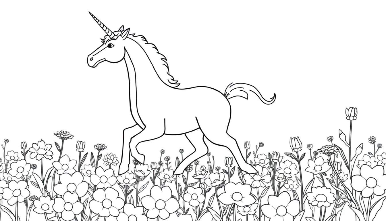 Une licorne dans un champ de fleurs, parfaite pour votre color panel.