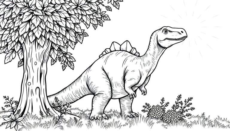 Un dinosaure au trait avec des plaques sur le dos dans un paysage vert, idéal pour un color panel.