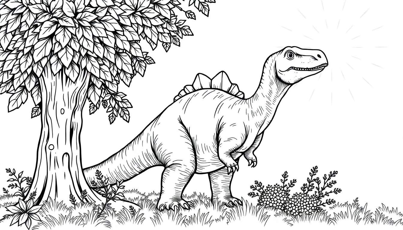 Un dinosaure au trait avec des plaques sur le dos dans un paysage vert, idéal pour un color panel.