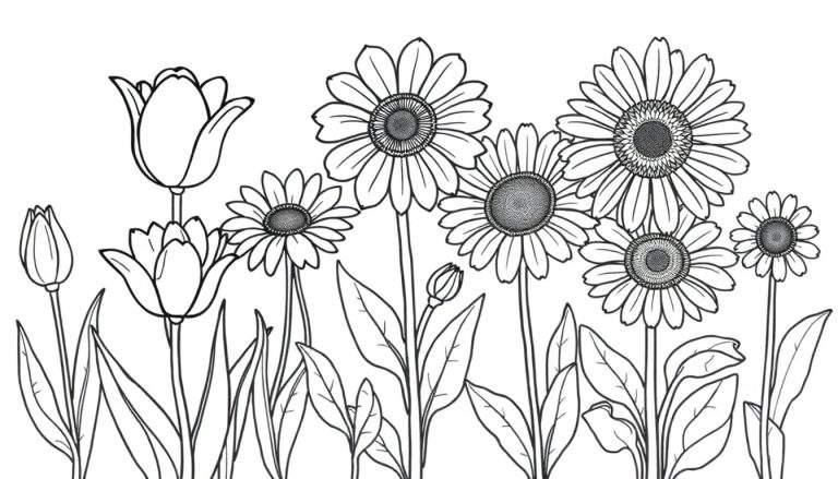 Page de coloriage d'un color panel de fleurs, avec des tulipes et des marguerites.