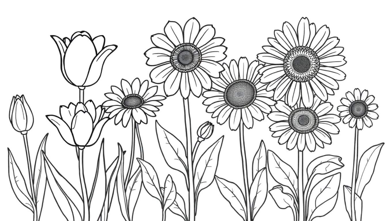 Page de coloriage d'un color panel de fleurs, avec des tulipes et des marguerites.