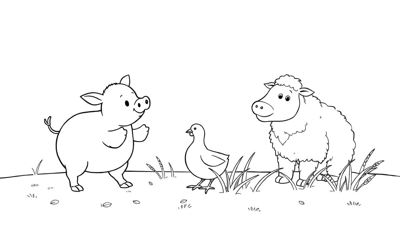 Un dessin au trait d'un cochon, d'une poule et d'un mouton dans un pré, parfait pour un color panel.