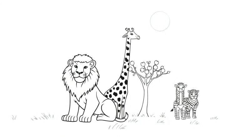 Image d'un livre de coloriage avec un lion, une girafe, un zèbre et un guépard dans la savane.